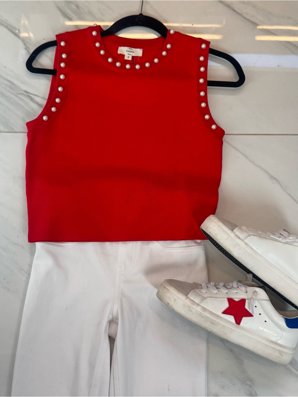 entro Red Pearl-Trim Sleeveless Crop Top, Small